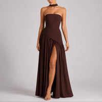 Charlotte | Damen Trägerloses Maxi-Kleid mit Schal Hochzeitskleid Gast Abendkleid – Braun