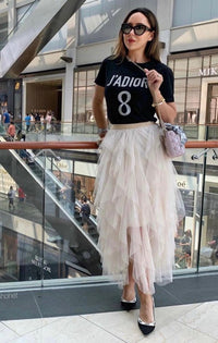 Damen Tüllrock mit Mehrlagigen Volants und Elastischem Bund – Hellbeige