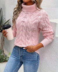 Marie | Damen Turtleneck Sweater Zeitloser Kabelstrick-Rollkragenpullover – Rosa