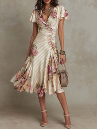 Damen V-Ausschnitt Midi Kleid mit Rüschenärmeln und Blumenprint – Creme mit Blumenprint