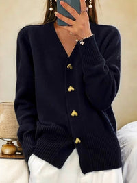 Leonie | Damen V-Ausschnitt Strick-Cardigan mit Herzknöpfen Relaxed Fit – Schwarz