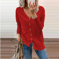 Amelie | Damen V-Ausschnitt Strickjacke Langarm Cardigan mit Knöpfen – Rot