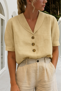 Damen Vintage elegante Bluse | Kurzarm – Beige