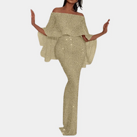 Damen Vintage schulterfreies Paillettenkleid | Maxi – Gold
