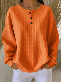 Elisabeth | Damen Waffelstrick Henley Knit Sweater Langarm Oversize Pullover – Orange