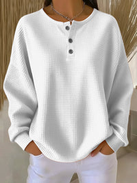 Elisabeth | Damen Waffelstrick Henley Knit Sweater Langarm Oversize Pullover – Weiß