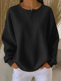 Elisabeth | Damen Waffelstrick Henley Knit Sweater Langarm Oversize Pullover – Schwarz