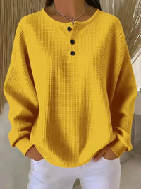 Elisabeth | Damen Waffelstrick Henley Knit Sweater Langarm Oversize Pullover – Gelb