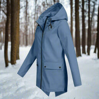 Emilia | Damen Wasserdichte Kapuzen-Regenjacke mit Reißverschluss Taschen – Blau