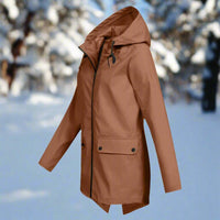 Emilia | Damen Wasserdichte Kapuzen-Regenjacke mit Reißverschluss Taschen – Kaffee