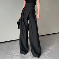 Damen Weite Hose mit Hohem Bund Gekreuztem Bundband und Bundfalten – Schwarz