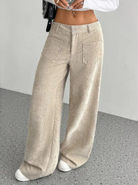 Damen Weite Hose mit Hohem Bund Knopfverschluss und Aufgesetzten Taschen – Khaki