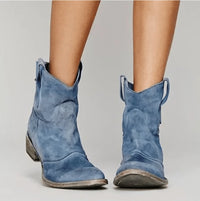 Charlotte | Damen Western Ankle Boots Wildleder Kniehohe Stiefel Flacher Absatz – Blau