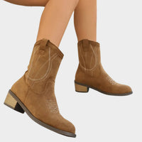 Elisabeth | Damen Western Cowboy Ankle Boots Stiefeletten mit Steppdetails – Khaki