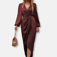 Damen Wickelkleid mit V-Ausschnitt und Ballonärmeln – Bordeaux