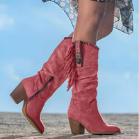 Frieda | Damen Wildleder Fransen Knee High Boots Western Cowboy Stiefel – Rot