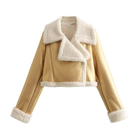 Damen Winterjacke für Frauen mit Reißverschluss Reverskragen und Flauschbündchen – Gold