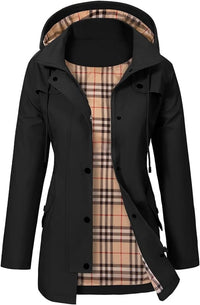 Elisabeth | Damen Women Coat Wasserdichter Kapuzen-Regenmantel Kariertes Fleecefutter – Schwarz