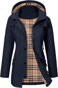 Elisabeth | Damen Women Coat Wasserdichter Kapuzen-Regenmantel Kariertes Fleecefutter – Blau