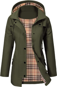 Elisabeth | Damen Women Coat Wasserdichter Kapuzen-Regenmantel Kariertes Fleecefutter – Grün