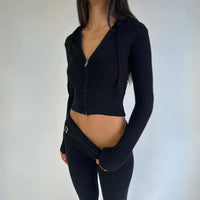 Damen Zip-Hoodie und Hose Set mit Kapuze – Schwarz