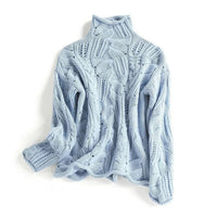 Marie | Damen Zopfmuster Knit Sweater Rollkragen Lockere Passform – Blau