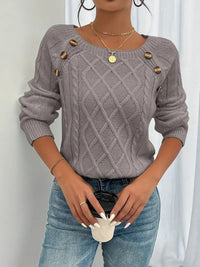 Leonie | Damen Zopfmuster Knit Sweater Rundhals Raglanärmel mit Knöpfen – Rosa Braun