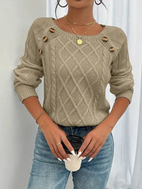 Leonie | Damen Zopfmuster Knit Sweater Rundhals Raglanärmel mit Knöpfen – Khaki