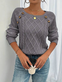 Leonie | Damen Zopfmuster Knit Sweater Rundhals Raglanärmel mit Knöpfen – Dunkelgrau