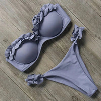 Damen Zweiteiliger Bikini mit Trägerlosem Oberteil Volants und Bindung am Rücken – Grau