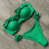 Damen Zweiteiliger Bikini mit Trägerlosem Oberteil Volants und Bindung am Rücken – Grün