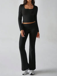 Damen Zweiteiliges Set mit Langarm-Crop-Top quadratischem Ausschnitt hohem Bund und Schlaghose – Schwarz