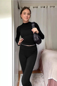 Damen Zweiteiliges Set mit Langarm-Crop-Top Rundhalsausschnitt und Schlaghose mit hohem Bund – Schwarz