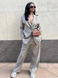 Damen Zweiteiliges Set mit Langem Blazer Reverskragen Bindegürtel und Weiter Hose – Grau