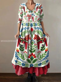 Schwedisches Damenkleid mit Dala-Pferde-Motiv – rot