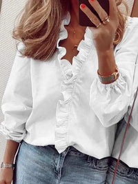 Rüschenshirt mit V-Ausschnitt für Damen – Weiß