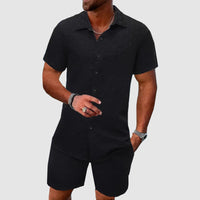 Darian | Herren Kurzarm Hemd Shorts Set Strukturiert – Schwarz