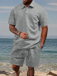 Niall - Strukturiertes Set aus Poloshirt und Shorts – Hellgrau