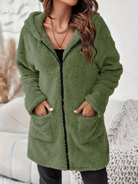 Damen ELEGANTER REISSVERSCHLUSS-PATCH-TASCHEN LANGARM PLÜSCH KAPUZENMANTEL | STILVOLL, BEQUEM, WARM – Grün