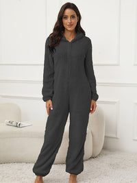 Leyorae | Einfarbiger Flauschiger Kapuzen-Lounge-Overall – Dunkelgrau