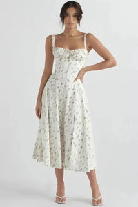 Linda | Damen Blumenkleid Korsett Seitenschlitz Midi – Blumen Korsett Midi 2026 – Weißes Blumen-Linsay