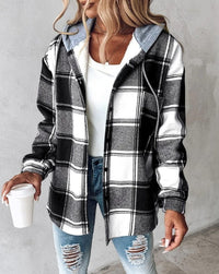 Sommerjacke für Damen - Leichte Karojacke mit Kapuze – Schwarz
