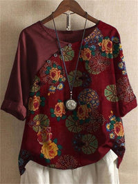 Adoria – Bluse Mit Boho Blumenmuster Und Knöpfen – Weinrot