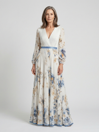 Lavinia | Langärmliges V-Ausschnitt Blumenkleid – Geblümt