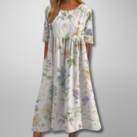 Dorothea | Midikleid mit Aquarell-Blumendruck – Weiß