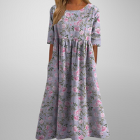 Dorothea | Midikleid mit Aquarell-Blumendruck – Staubiges Flieder