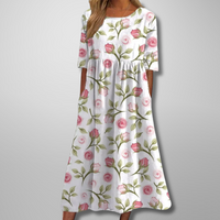 Dorothea | Midikleid mit Aquarell-Blumendruck – Weiß-Rosa