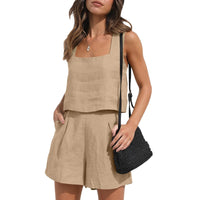 Chloe - Oberteil mit quadratischem Ausschnitt und Taschenshorts im Set – Hellbraun