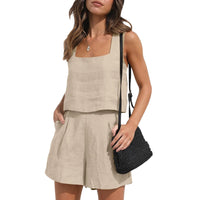 Chloe - Oberteil mit quadratischem Ausschnitt und Taschenshorts im Set – Beige