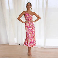 KORDULA - ASYMMETRISCHES MIDIKLEID MIT MUSTER – Rosa